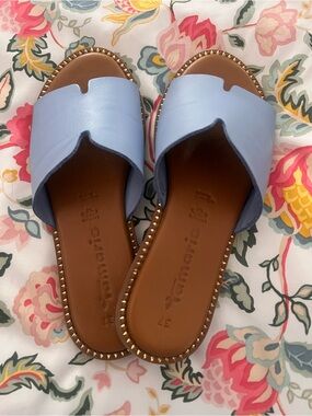 Tamaris Light Blue Leather Slip-On Stud-Trim Mules